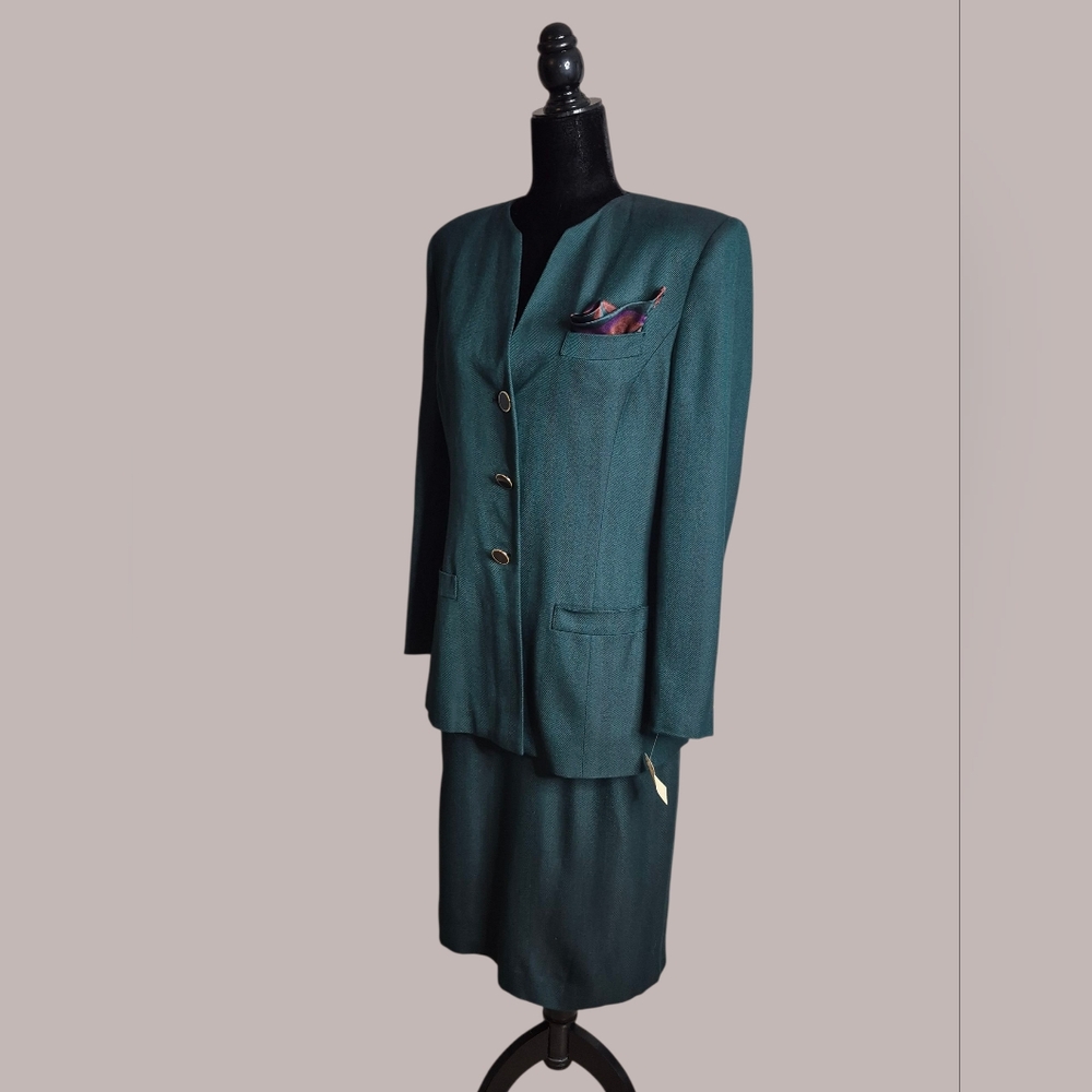 Vintage 1980s KASPER A.S.L. Dark Teal Power Suit Set Sz 10 Deadstock Hong Kong